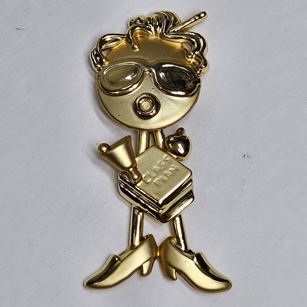 AJC Bobble Head Teacher Brooch Pin Books School Bell Goldtone NOS Vintage